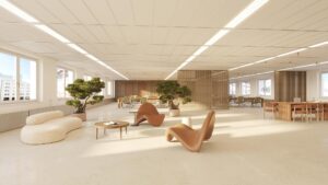 Moderne, lichtovergoten kantoorruimte aan de Johan Cruijff Boulevard met designmeubilair, planten en werkplekken.